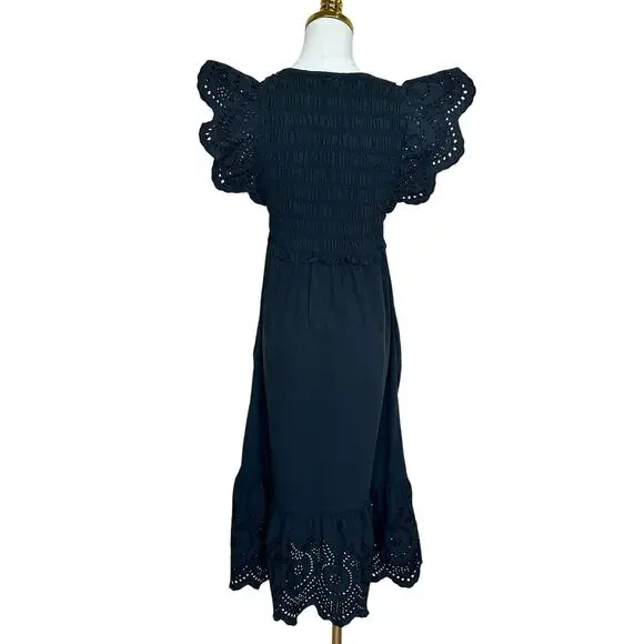 Rails Black Eyelet Midi Dress SMALL Smocked Cottage Ruffle Cotton Designer $268 - Picture 9 of 11
